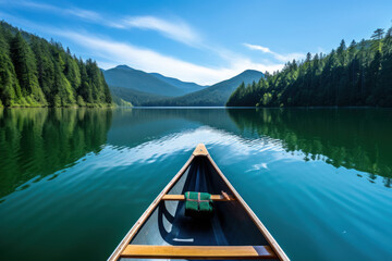 Obraz premium A sleek canoe glides through the calm waters of a serene lake
