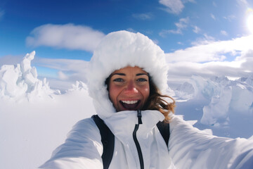 Happy woman hiker taking a selfie photo on a snowy mountain