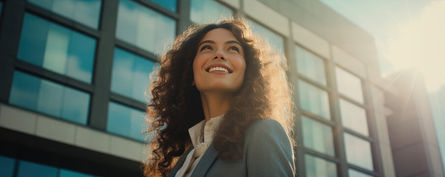 Happy and successful businesswoman standing in big modern city surrounded by skyscrapers,  successful vision