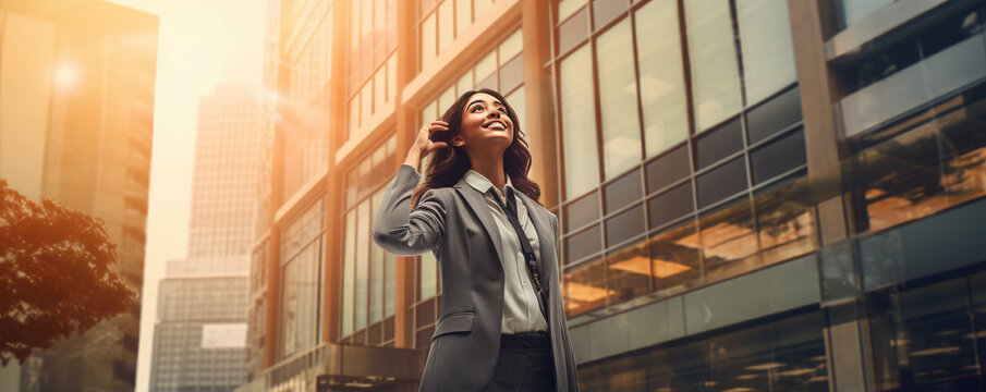 Happy and successful businesswoman standing in big modern city surrounded by skyscrapers,  successful vision