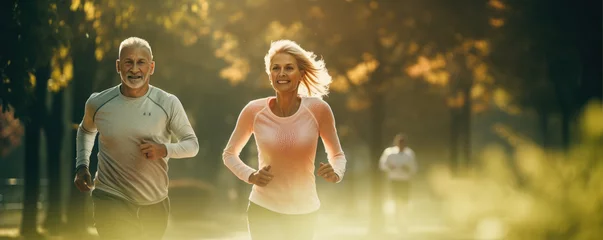 Poster Happy and healthy looking middle aged couple running in the amazing park, happy man and woman jogging together outdoor. © Daniela