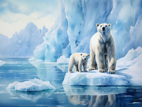 Polar bear and babies on an ice berg and ice mountain in watercolor and acrylic style