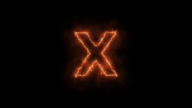 Fire alphabet letters X isolated, outline fire and glowing on black background
