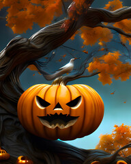 Motyw Halloween, dynia i mroczny klimat, tło, ciemny, nocny las - obrazy, fototapety, plakaty