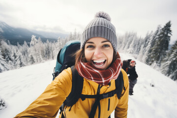 Fototapeta na wymiar Happy woman hiker taking a selfie photo on a snowy mountain