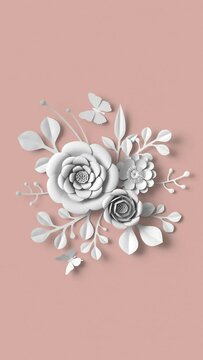 3d vertical video, growing floral background from paper flowers, blooming botanical pattern, bridal round bouquet, papercraft, pastel colors, bright hue palette, 4k animation