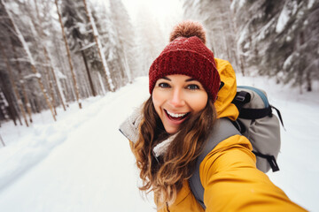 Fototapeta na wymiar Happy woman hiker taking a selfie photo on a snowy mountain