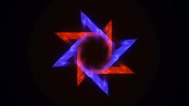 Animated intro of an energy frame made of dots. Chaotic plexus of rotating neon particles. Fire and ice. Shuriken. Geometric shape. Сosmic star of spheres. Business, Technology, Medicine, Science. 4k