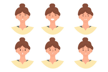 Fototapeta premium Cartoon. Icons of female emotions. Isolated girl with different facial expressions. Vector illustration of emotional faces for stickers, web, social network account