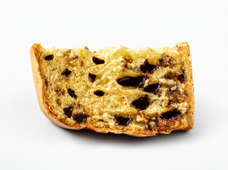 slice of chocottone, os panettone stuffed with chocolate. traditional sweet dessert cake