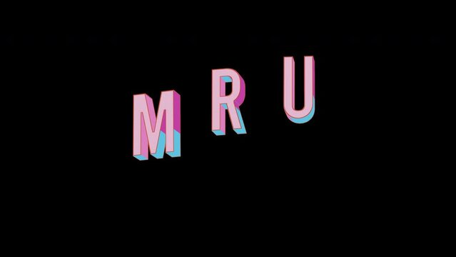 Bright letters jump merrily in the inscription MRU ISO code currency. Retro. Alpha channel black. Looped from frame 120 to 240, Alpha BW at the end