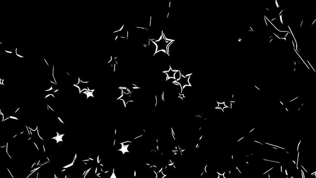 Flying stars shape animation, holidays celebration background. Design. Randomly flying five pointed stars on a black background.