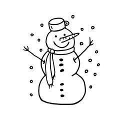 Cute hand-drawn sleeping snowman on a white background. Sweet and hygge illustration for posters, banners, prints, and kids' playroom decoration