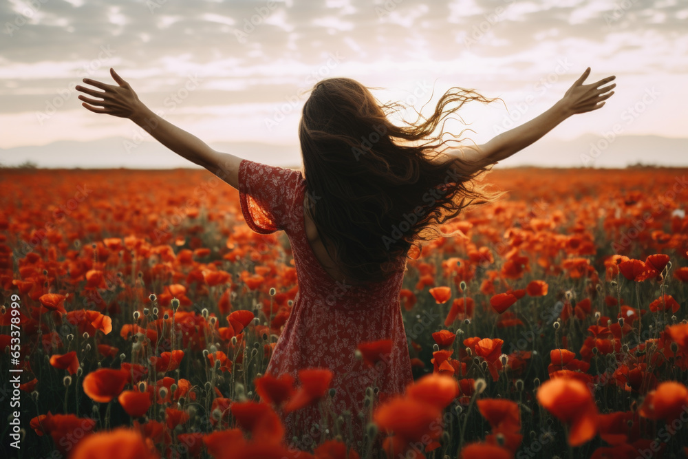 Wall mural happy carefree woman standing in the poppy field with opened arms, back view