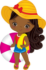 Vector Cute Little African American Girl Holding Lifebuoy and Beach Towel