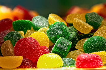 Colorful sweet candy marmalade sprinkled with sugar in store window. Multicolored marmalade selective focus.