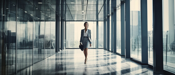 businesswoman happy walking in business center. - obrazy, fototapety, plakaty