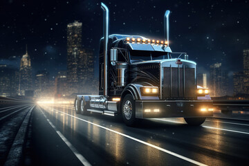 American style Truck driving on the asphalt road at night