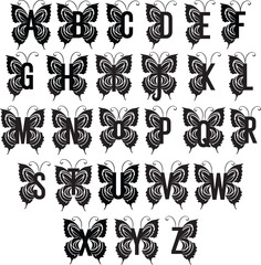 set of butterfly monogram alphabet