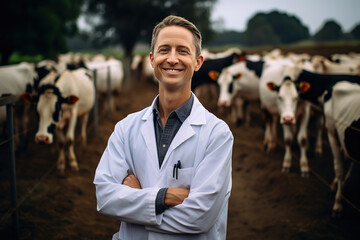A veterinarian stands in front of cows and smiles for the camera. - obrazy, fototapety, plakaty