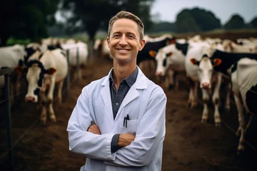 Gordijnen A veterinarian stands in front of cows and smiles for the camera. © arhendrix
