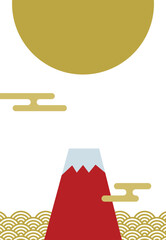 富士山・初日の出と青海波の年賀状背景/縦・赤・金 2	
