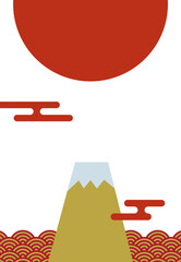 富士山・初日の出と青海波の年賀状背景/縦・金・赤 