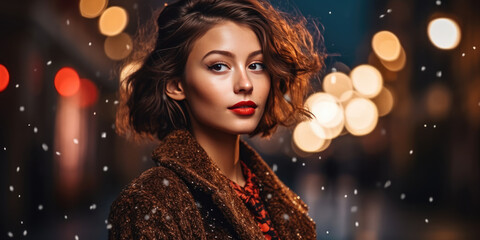 Portrait of an attractive modern Woman in a Fashion coat on Background of a Night City Street at Winter