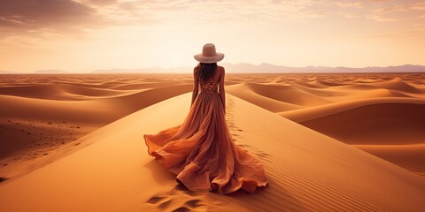 AI Generated. AI Generative. Beautiful woman walking on white yellow dune. Nature outdoor vacation landscape background. Graphic Art