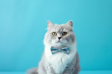 laperm cat wearing a nifty bow tie against a cerulean blue background