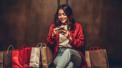Naklejka premium woman sitting and holding shopping bags in a smartphone, she is doing online shopping.