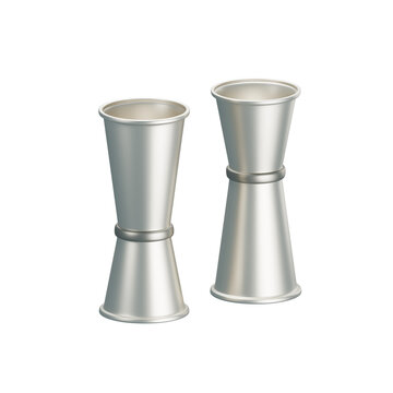 Double jigger dual spirit. Metallic jigger double side for coffee, cocktail maker. Jigger 3D illustration isolated