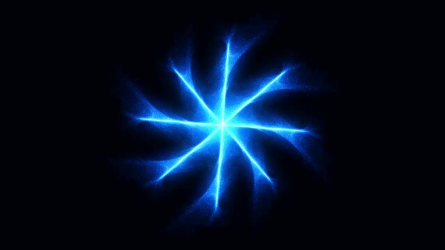 Neon animated intro of an energetic snowflake. A chaotic tangle of blue rotating neon particles. A snow hurricane. Clean energy. A cosmic star of spheres. Business, Technology, Medicine, Science. 4k