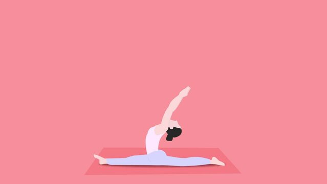animation of woman practicing yoga on pink background