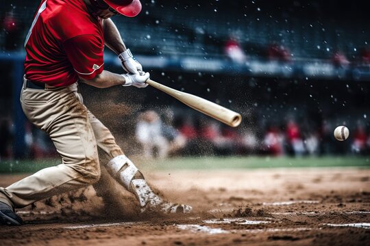 Cropped photo - bat and ball close-up. Baseball. The batter hits the ball.