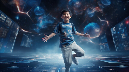 Fototapeta na wymiar Adventurous 7-year-old Chinese boy explores high-tech studio with holographic window and VR.