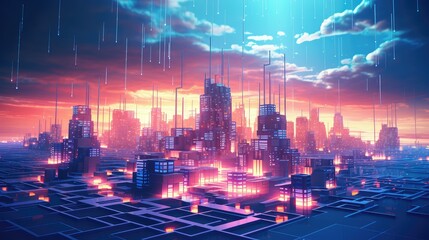 Fototapeta na wymiar design voxel city landscape illustration 3d render, modern futuristic, view perspective design voxel city landscape