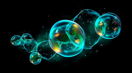 Colorful abstract backdrop with flying soap bubbles on a black background