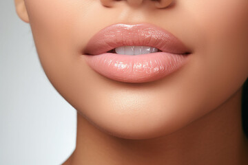 Fototapeta premium Perfect young female lips with natural makeup, parted glossy lips. Close up macro photo with beautiful female mouth on a wight background. Plump full lips. Close-up face detail. Perfect clean skin.