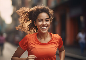 Smiling woman in orange shirt runs through city with energy and confidence.