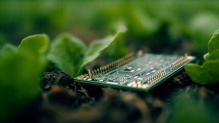 macro photography of a microchip on a green crop on a.Generative AI