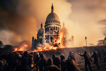 Riot and chaos near Sacre Coeur in Paris, France. Revolution concept.