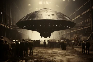 Zelfklevend Fotobehang UFO UFO in a factory in the 1940s