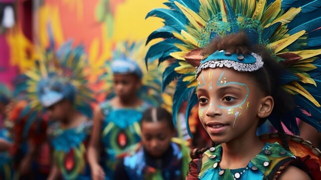 Child at Carnival with feather costumes and artistic makeup. Blue, yellow and green colors