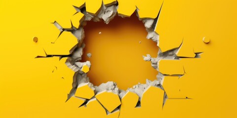 Breaking out of a hole in solid Yellow wall, torn hole, empty copy space frame, mockup. Generative AI image weber. - obrazy, fototapety, plakaty