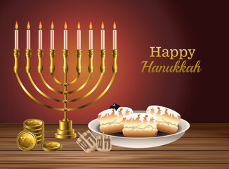 Happy Hanukkah Bright Background with Menorah, David Star and Bokeh Effect. Vector illustration
