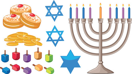 Happy Hanukkah Bright Background with Menorah, David Star and Bokeh Effect. Vector illustration