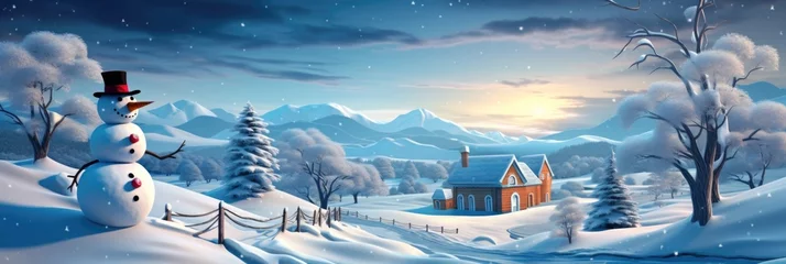 Foto op Plexiglas Christmas Card: Winter landscape with Smiling snowman © Adriana