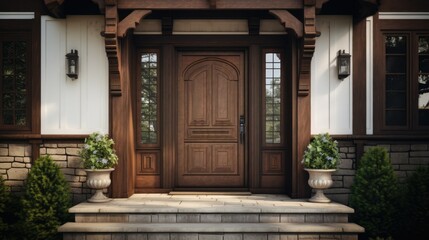 Main entrance wooden door at house.  - obrazy, fototapety, plakaty