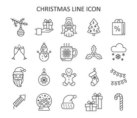 Merry Christmas line icon vector set. Winter vector collection with Santa Claus, knitted cup, gift, snowman, petard, angel, garland, christmas tree, snow.